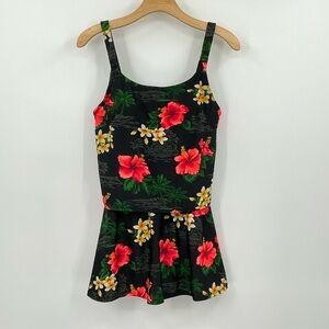 Beach Cabana One Piece Swim Suit Black W/Tropical print Size Small‎ G11